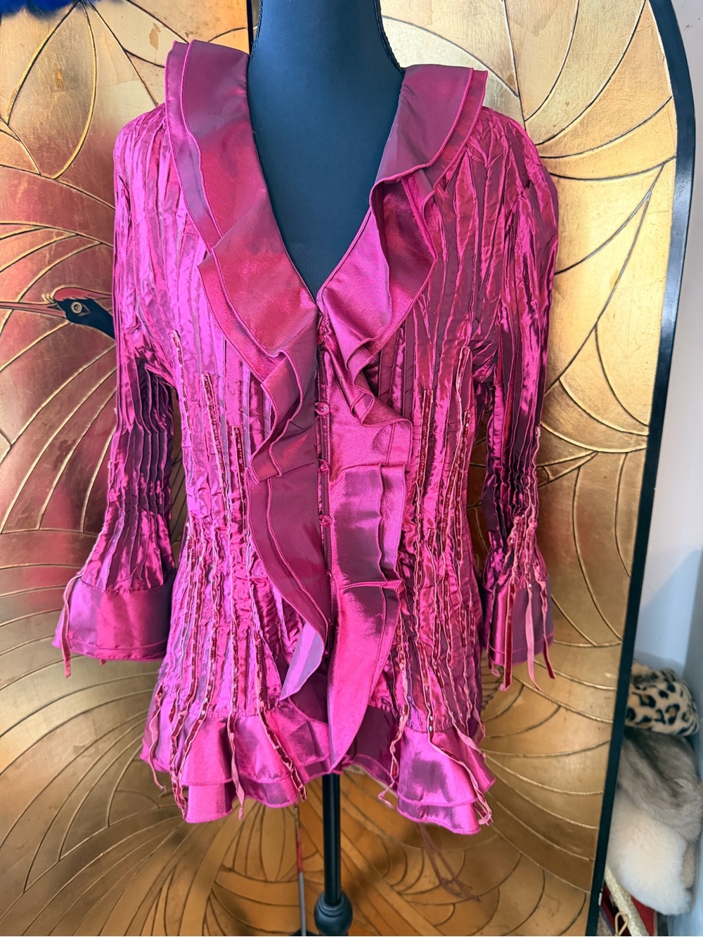 Vintage 90s Ruffled Satin-Texture Women’s Top in Fuchsia taffeta top 10
